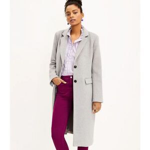 Gray LOFT Button Front Collared Long Sleeve Midi Coat